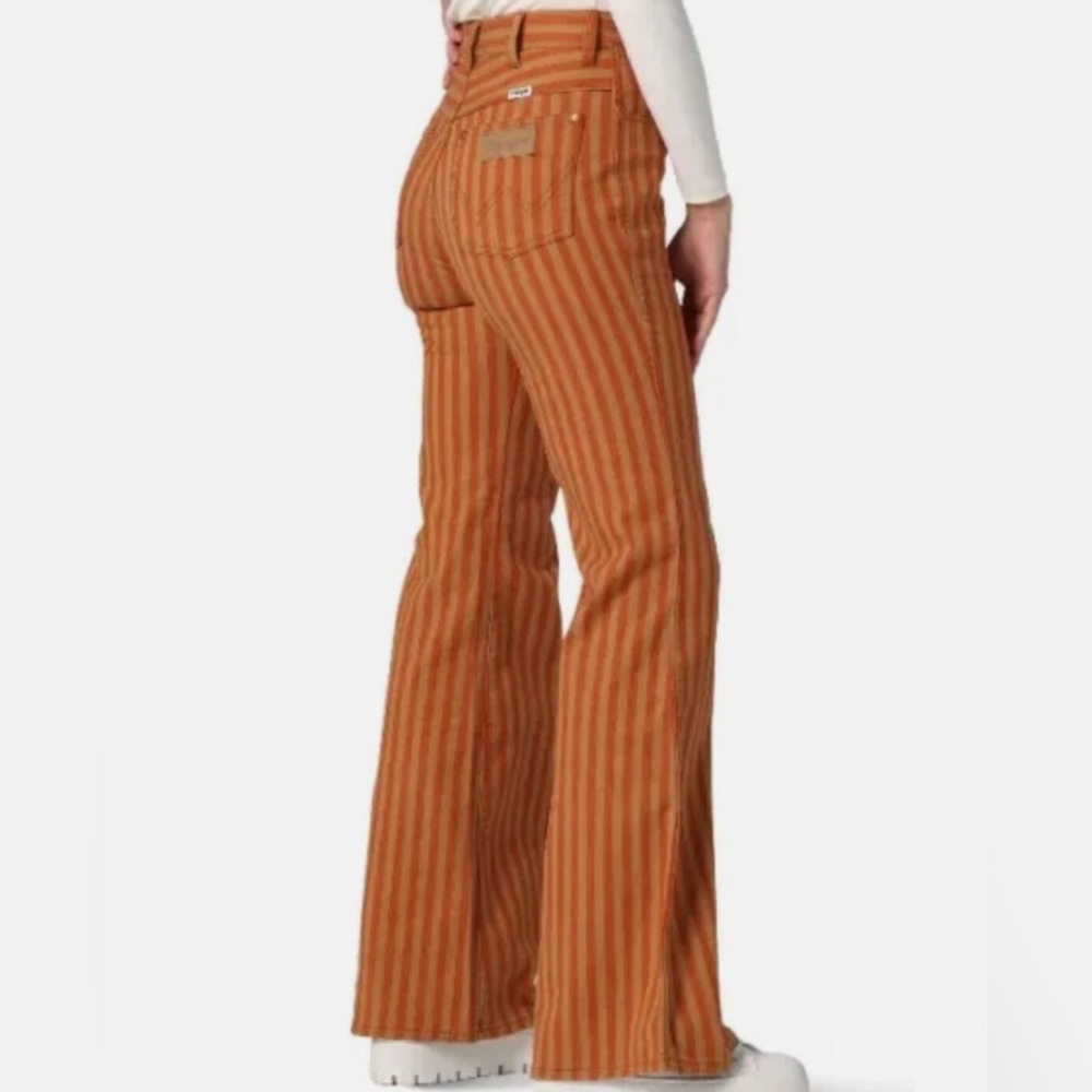 High-Rise Striped Flare Jeans — Rust Orange